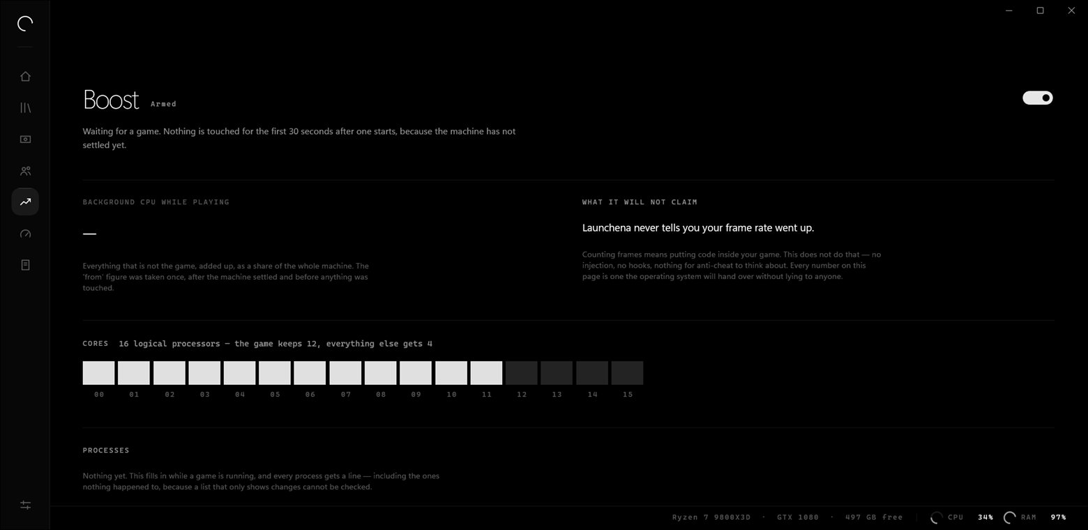 Launchena's Boost page: the background CPU figure, the core map, and what it refuses to claim.