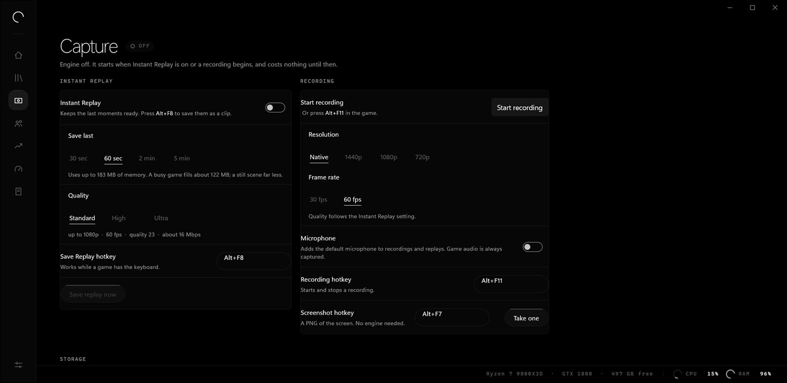 Launchena's Capture page: Instant Replay length, quality, encoder, and where clips are saved.