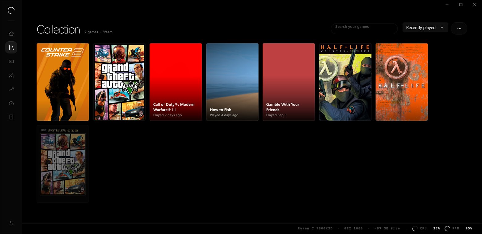 Launchena's Collection: a grid of game covers on black, with a search field and a sort control.