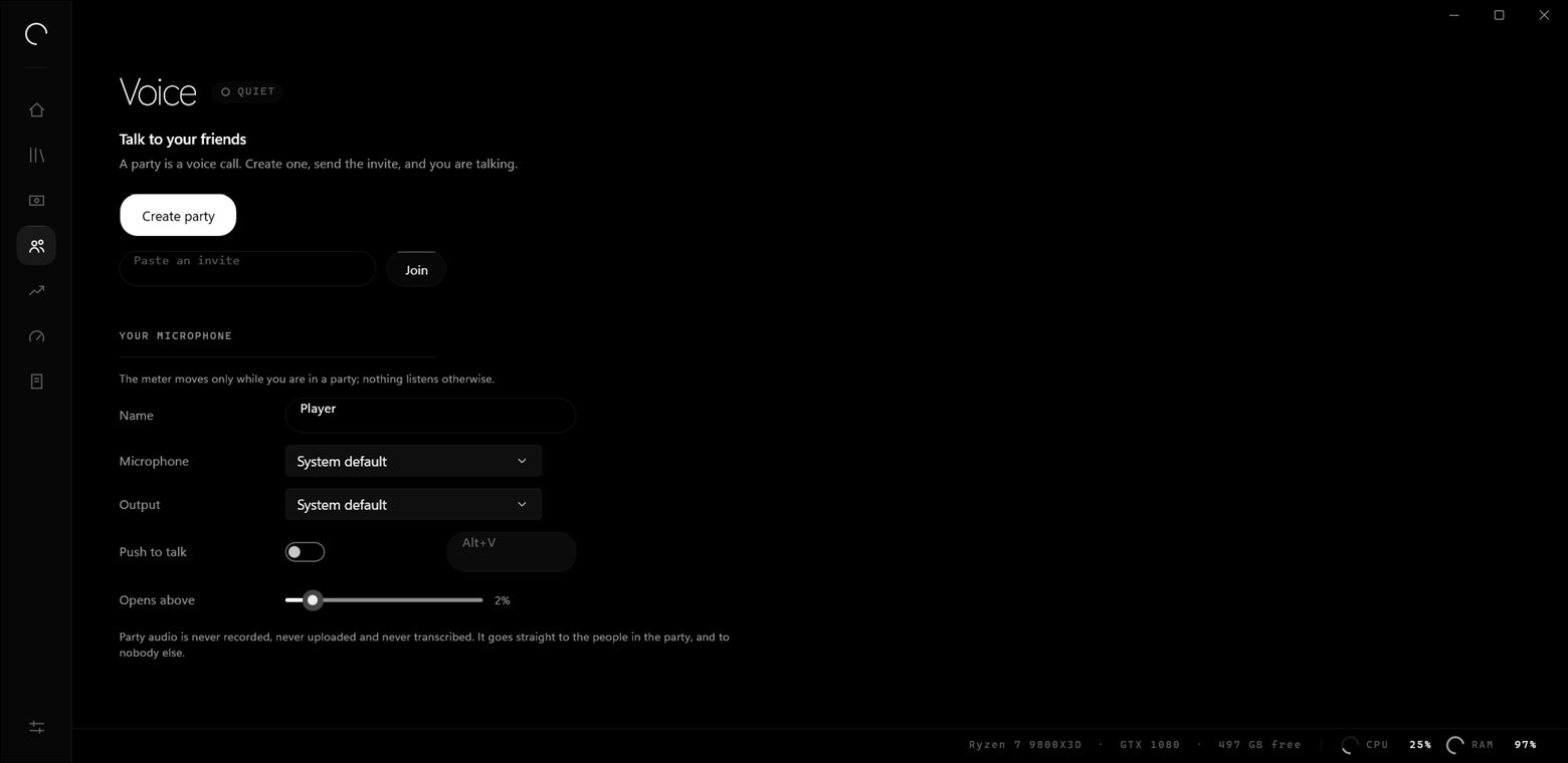 Launchena's Party page: microphone and output devices, push-to-talk, and connection quality.